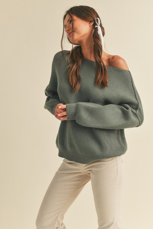 Boat Neck Ribbed Sweater Top | Basil