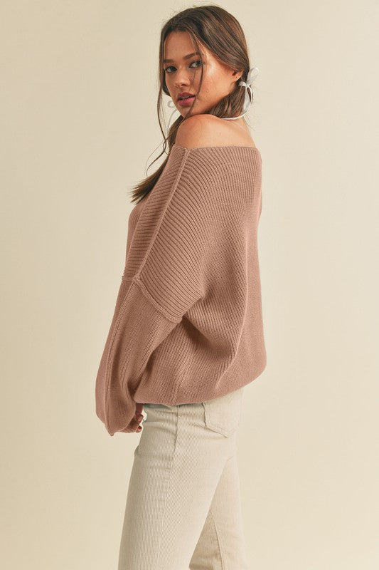 Boat Neck Ribbed Sweater Top | Warm Taupe