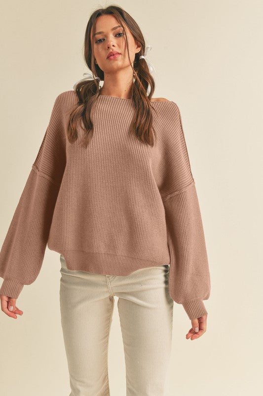 Boat Neck Ribbed Sweater Top | Warm Taupe