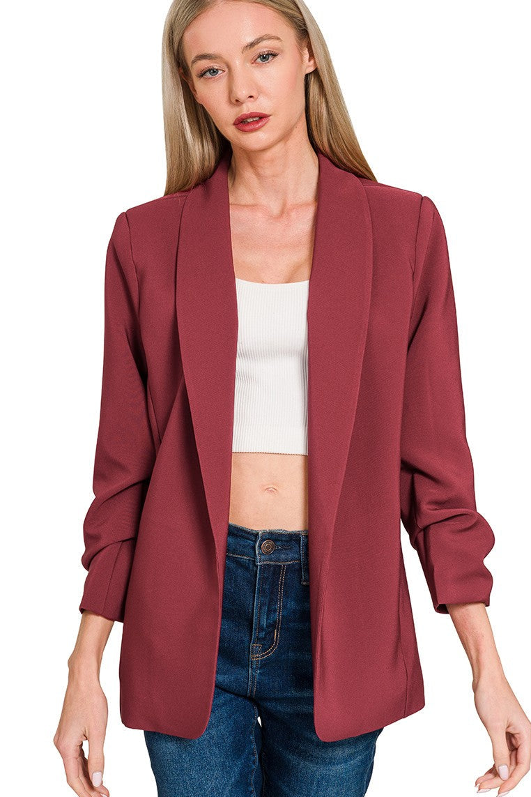 Woven 3/4 Ruched Sleeve Open Front Classic Blazer | Burgundy