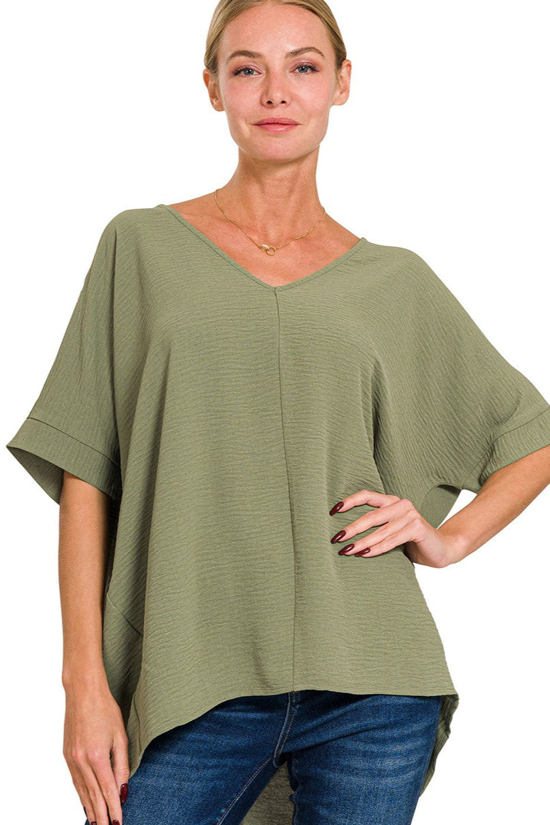 V-Neck Woven Airflow Top | Light Olive