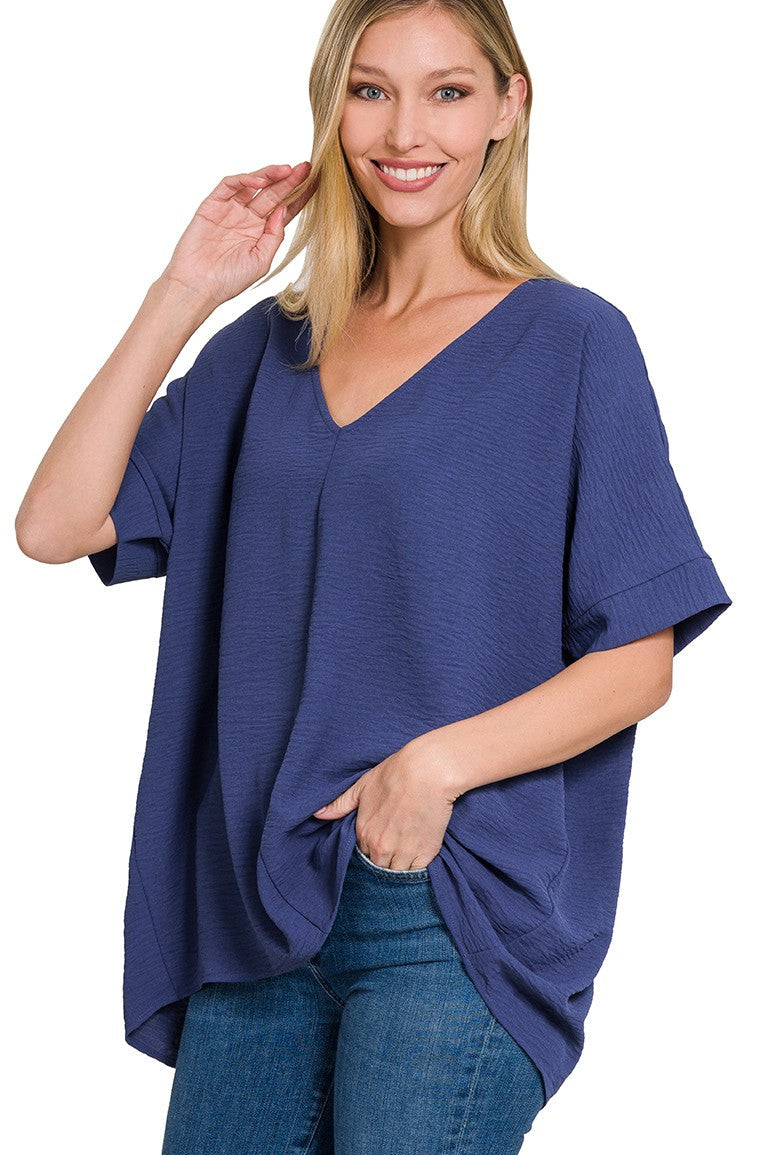 V-Neck Woven Airflow Top | Light Navy
