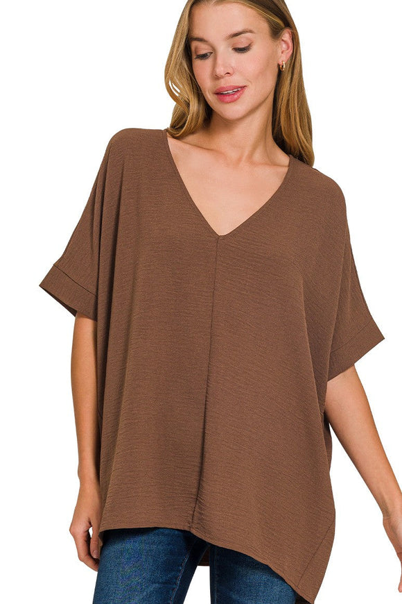 V-Neck Woven Airflow Top | Brown