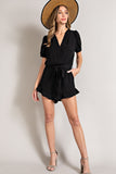 V-Neck Waist Tie Romper | Black