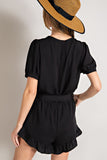 V-Neck Waist Tie Romper | Black