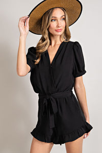 V-Neck Waist Tie Romper | Black