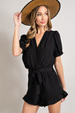V-Neck Waist Tie Romper | Black