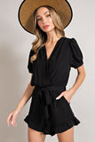 V-Neck Waist Tie Romper | Black