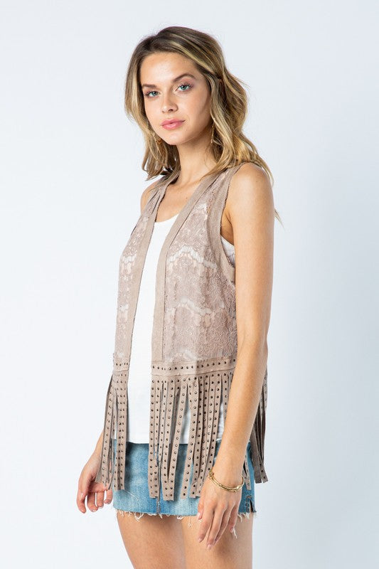 Lace Knit Studded Fringe Vest | Stone