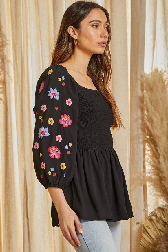 Floral Embroidered Peplum Top | Black