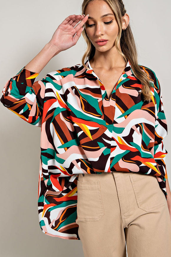 Collared Abstract Fall Blouse Top | Multi