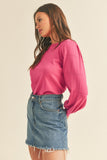 Pointelle Puff Sleeve Sweater | Fuchsia