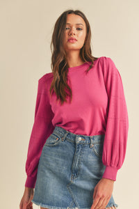 Pointelle Puff Sleeve Sweater | Fuchsia