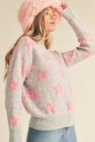 Fuzzy Stars Textured Sweater | Grey+Pink