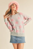 Fuzzy Stars Textured Sweater | Grey+Pink