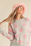 Fuzzy Stars Textured Sweater | Grey+Pink