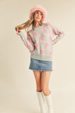 Fuzzy Stars Textured Sweater | Grey+Pink