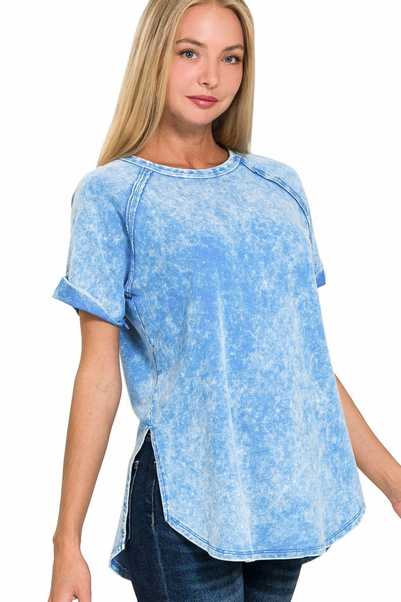 French Terry Acid Wash Top | Sky Blue