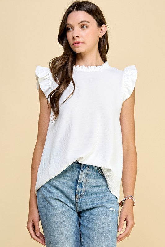 Solid Ruffle Sleeve Top | Ivory