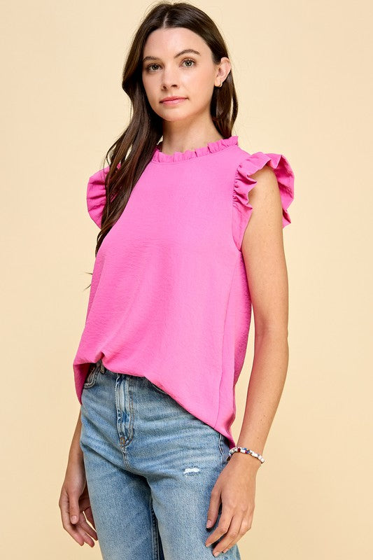 Solid Ruffle Sleeve Top | Bubble Gum