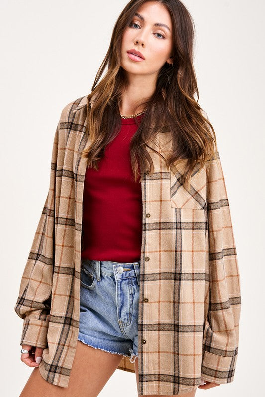 Button Down Plaid Flannel Top | Tan