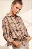Button Down Plaid Flannel Top | Tan
