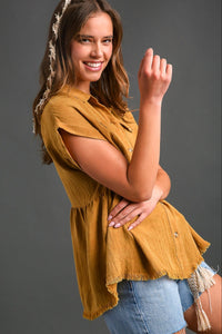 Button Down Washed Babydoll Top | Mustard Ochre