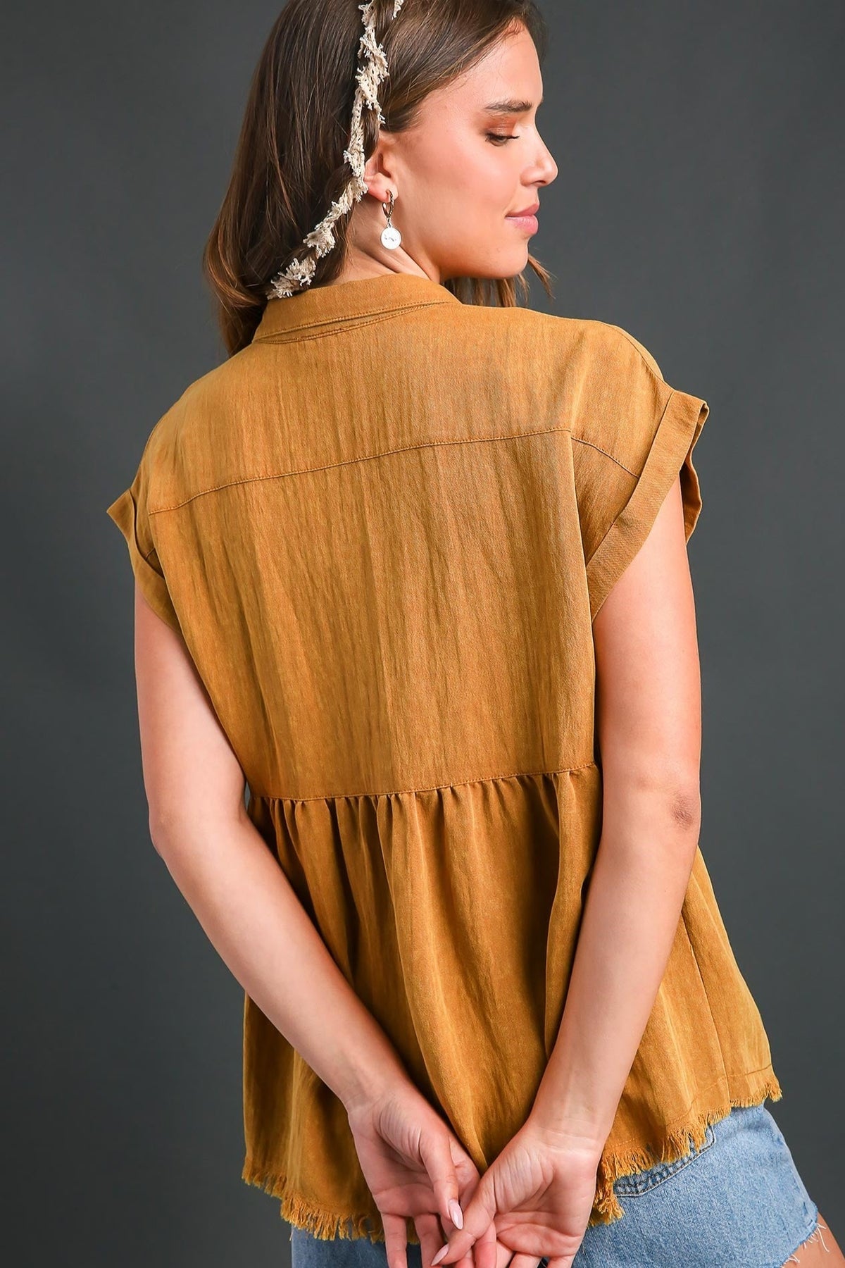 Button Down Washed Babydoll Top | Mustard Ochre