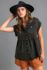Button Down Washed Babydoll Top | Black