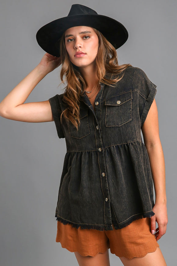 Button Down Washed Babydoll Top | Black