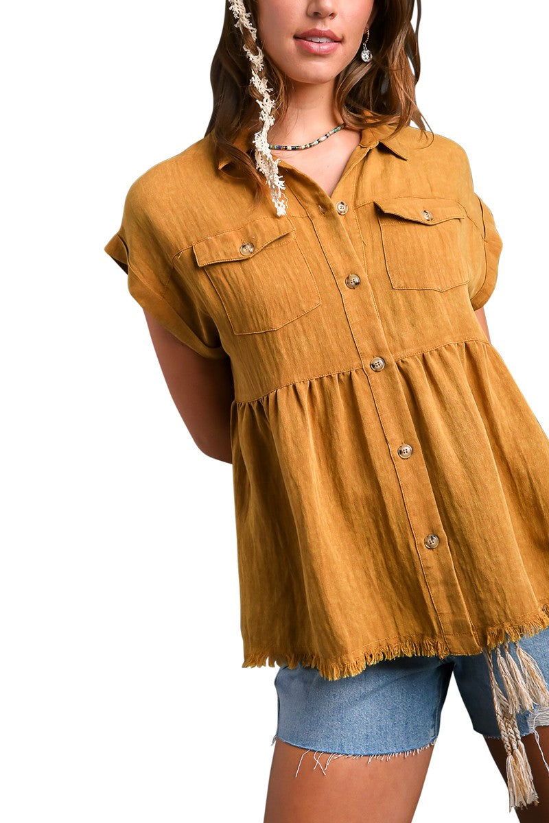 Button Down Washed Babydoll Top | Mustard Ochre