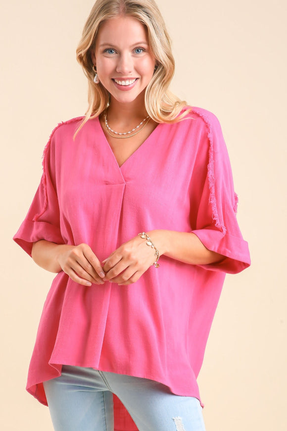 Linen Frayed Relaxed Top | Pink