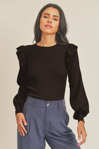 Ruffle Shoulder Crew Neck Sweater | Chocolate Brown