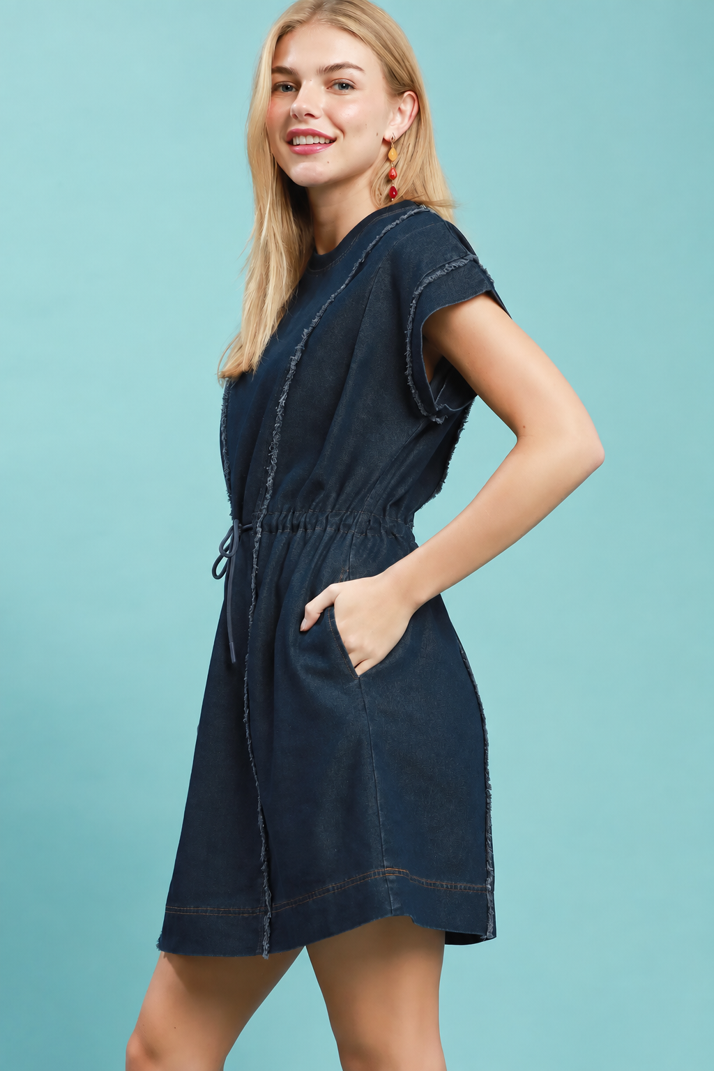 Drawstring Frayed Denim Dress | Dark Wash