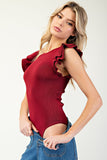 Ruffle Sleeve Ribbed Bodysuit | Merlot
