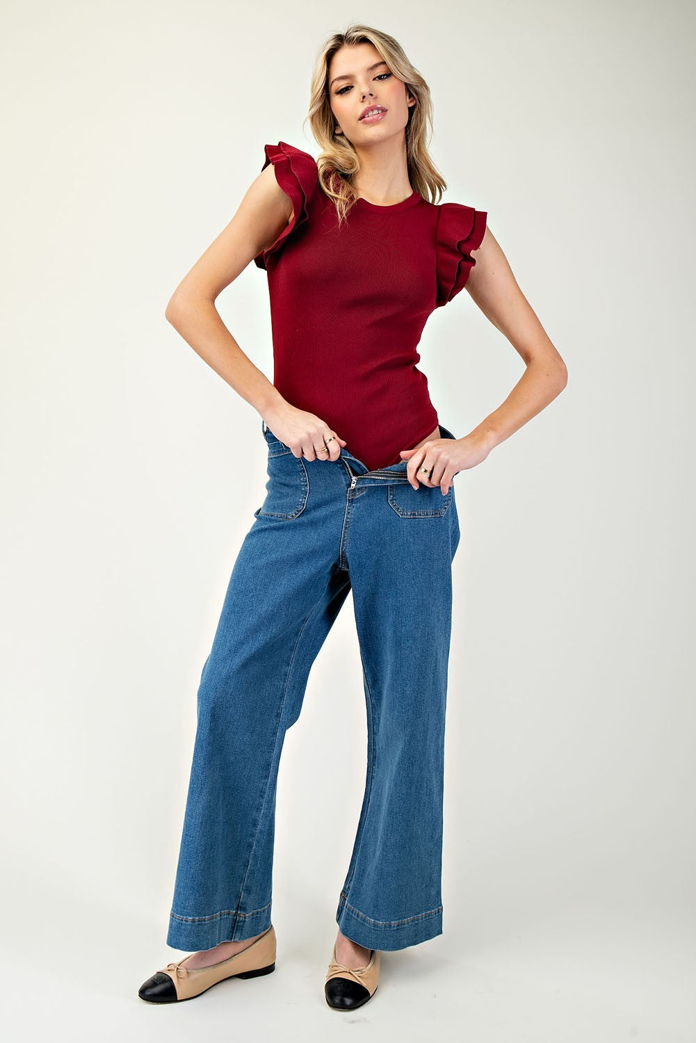 Ruffle Sleeve Ribbed Bodysuit | Merlot