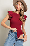 Ruffle Sleeve Ribbed Bodysuit | Merlot