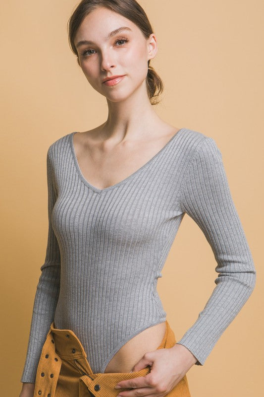 Ribbed V-Neck Bodysuit | Heather Grey