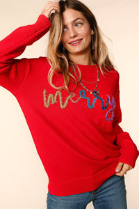 MERRY Yarn Embroidery Sweater | Red
