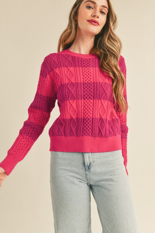 Striped Cable Knit Sweater | Fuchsia+Magenta