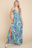 Deep V-Neck Open Back Boho Maxi Dress | Blue