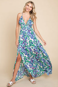 Deep V-Neck Open Back Boho Maxi Dress | Blue