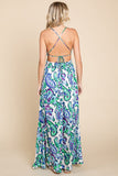 Deep V-Neck Open Back Boho Maxi Dress | Blue
