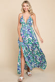 Deep V-Neck Open Back Boho Maxi Dress | Blue