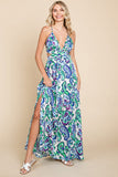 Deep V-Neck Open Back Boho Maxi Dress | Blue