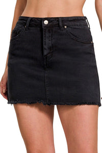 Acid Washed Frayed Hem Denim Skirt | Black