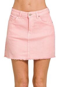 Acid Washed Frayed Hem Denim Skirt | Light Pink