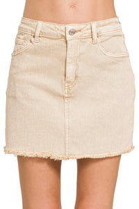 Acid Washed Frayed Hem Denim Skirt | Sand Beige