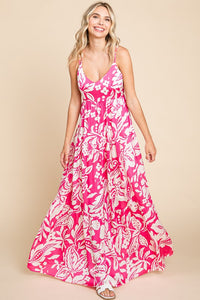 Tropical Print Satin Feel Maxi Dress | Fuchsia