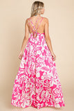 Tropical Print Satin Feel Maxi Dress | Fuchsia